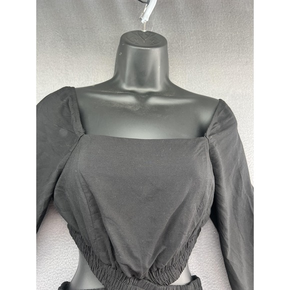 MEROKEETY Dress Womens Small Black Square Neck Long Sleeve Smocked Tiered Maxi - Picture 3 of 14